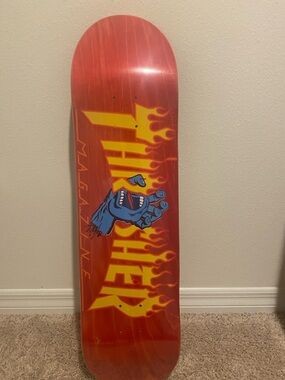 Thrasher Red Deck with Yellow Flame Logo and Blue Screaming Hand